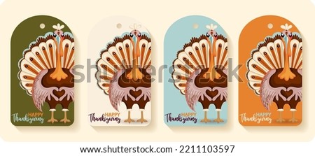 Happy Thanksgiving autumn set. Vector illustration. Thanksgiving digital painting, cute turkey gift tags, cards. Festive background with funny turkeys.