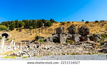 Varius baths at the Stage Agora in Ephesus ruins, Turkey. Historical ancient Roman archaeological sites in eastern Mediterranean Ionia region. 