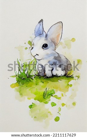 cute rabbit on glass with a water color styled