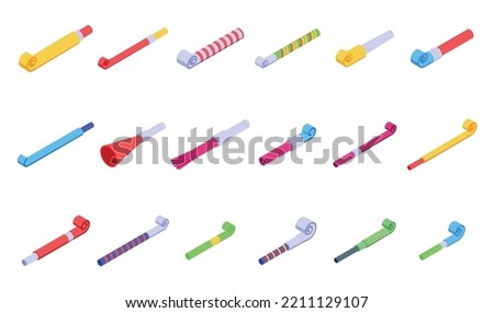 Party blower icons set isometric vector. Whistle horn. Roll paper Royalty-Free Stock Photo #2211129107