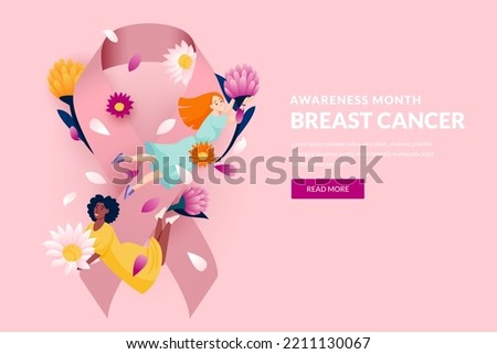 Breast Cancer Awareness month, health care and support concept. Vector flat cartoon women illustration. Pink ribbon and flying girls with blossom flowers. Banner or poster background