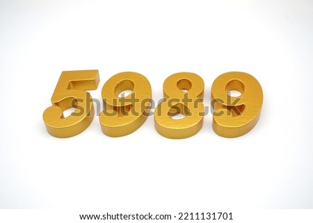   Number 5989 is made of gold-painted teak, 1 centimeter thick, placed on a white background to visualize it in 3D.                                  