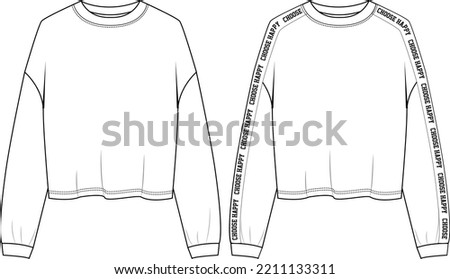 Round neck Long sleeve Sweatshirt overall fashion Flat Sketches technical drawing vector template For men's. Apparel dress design mockup CAD illustration. Sweater fashion design isolated on white. Royalty-Free Stock Photo #2211133311