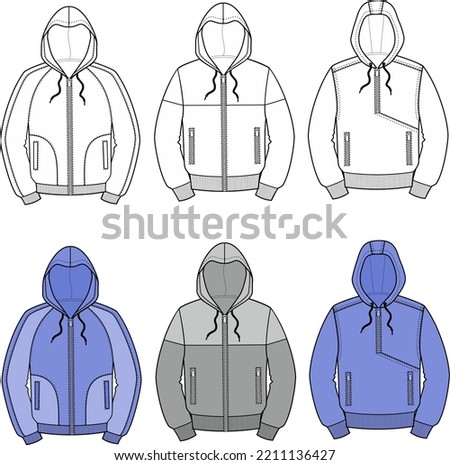 Zipped hoodies set. Fashion CAD. Vector illustration. 