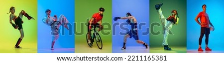 Volleyball, boxing, judo, karate and cycling. Collage of professional athletes isolated on colored background in neon. Concept of motion, action, active lifestyle, achievements, challenges. Banner