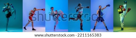 Combat sports. Kickboxing, boxing and judo. Sport collage of professional male and female athletes posing isolated on multicolored background in neon. Concept of motion, action, achievements Royalty-Free Stock Photo #2211165383