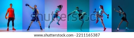 Volleyball, boxing, run, mma, fitness, figure skating. Collage of professional athletes isolated on colored background in neon. Concept of motion, action, active lifestyle, achievements, challenges.