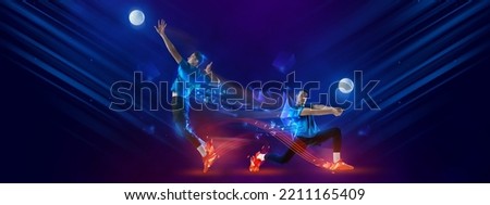 Passing and recieving the ball. Flyer with male volleyball players playing volleyball on dark blue background with neon polygonal elements. Concept of art, sport, energy and power.