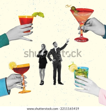 Contemporary art collage. Creative design. Business people, man and woman attending bar, drinking cocktails. Friday chill. Concept of party, fun, celebration, creativity. Copy space for ad, text Royalty-Free Stock Photo #2211165419