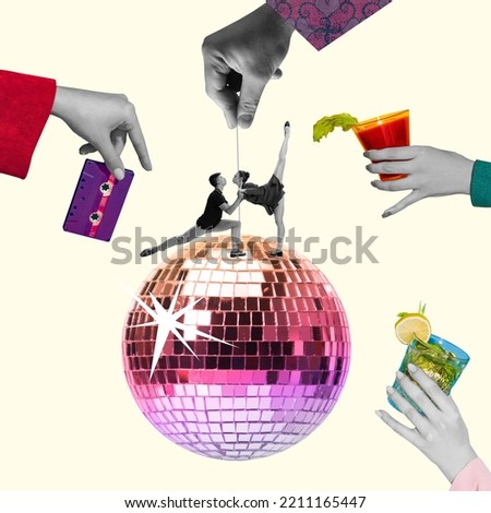 Contemporary art collage. Creative design. Young flexible people dancing on big disco ball. Human hands proposing cocktails. Concept of party, fun, celebration, creativity. Copy space for ad, text