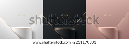 Set of vector 3D rendering with stand podium. Black, gold, silver and pink gold in luxury triangle shape background. Abstract minimal wall scene for mockup products display. Round stage for showcase.