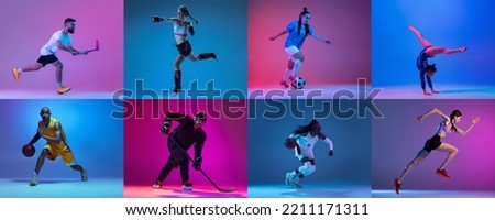Floorball, basketball, kickboxing, soccer, hockey and gymnastics. Collage of professional athletes isolated on colored background in neon. Concept of motion, action, active lifestyle, achievements