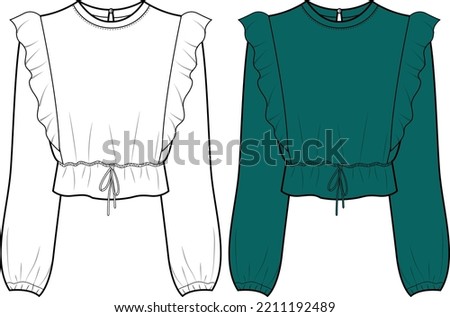 Woman round neck blouse with gathering detail fashion CAD, long balloon sleeved top with bow sketch, technical drawing, flat, template. Jersey or woven fabric blouse with front, back view, white color Royalty-Free Stock Photo #2211192489
