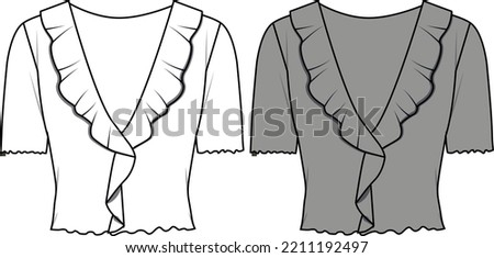 Woman round neck blouse with gathering detail fashion CAD, long balloon sleeved top with bow sketch, technical drawing, flat, template. Jersey or woven fabric blouse with front, back view, white color Royalty-Free Stock Photo #2211192497