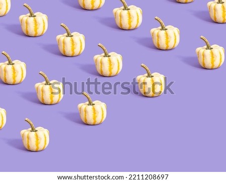 Pattern made of white with yellow lines pumpkin on purple colored background with copy space. Minimal autumn concept. Creative fall idea. Season of pumpkin in October.