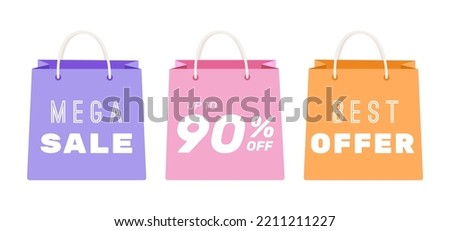 Illustration of three shopping bags. Purple, pink, orange, yellow bag package isolated on white background. Sale. Best offer