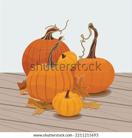 Vector illustration of a mountain of pumpkins in different sizes and shapes. Autumn healthy vegetables. Autumn mood and atmosphere.Traditional element of Halloween and Thanksgiving.Isolated on colored