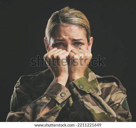 Soldier, mental health or woman with ptsd trauma, anxiety or depression from civil, world or Ukraine war fight. Combat, dark fear and sad crying army, battle or military hero with survivors guilt