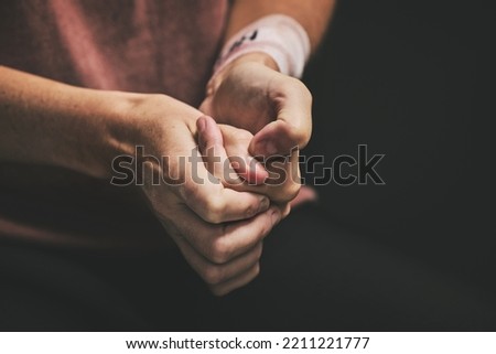 Woman with anxiety, hands scratch skin and stressed self harm picking mental health disorder. Nervous sad person with adhd or depression, stressed fear alone and depressed wound on black background Royalty-Free Stock Photo #2211221777