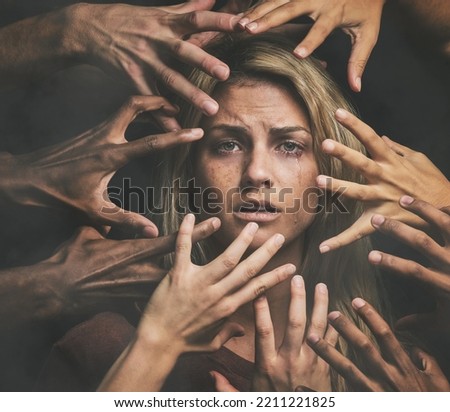 Hands, fear and sad woman with abuse, violence and crying with mental health, scared and anxiety. Portrait of woman with pain, rape and depression of toxic relationship, social conflict and depressed Royalty-Free Stock Photo #2211221825