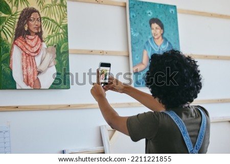 Art gallery, smartphone and black woman with painting taking photo for social media, website or digital advertising. African artist portrait design canvas, cellphone photography for commercial sales