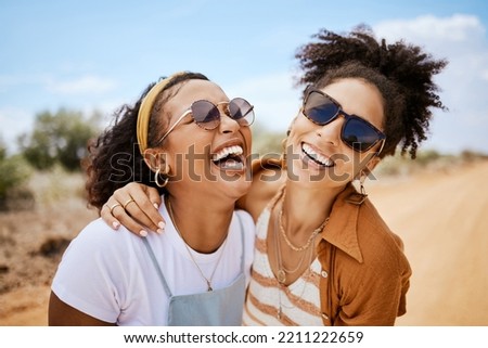 Girl friends, hug and travel summer vacation outdoors on safari. Diverse happy gen z women friendship, love embrace and support or comic care free together on holiday fun lifestyle activity Royalty-Free Stock Photo #2211222659