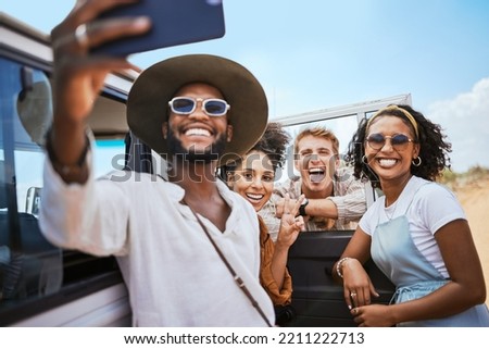 Phone selfie, friendship and car road trip or nature safari holiday travel in Africa together happy for adventure. Mobile photography of excited men, women or young group of people on summer vacation