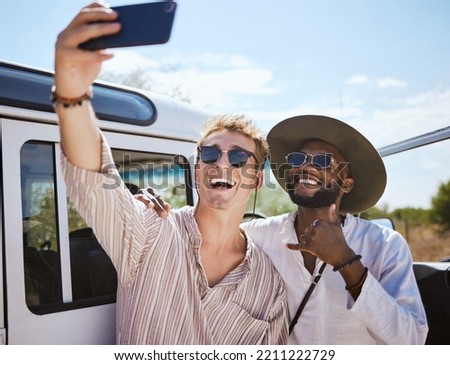 Friends, men and road trip phone selfie outdoor, vacation or holiday bonding together. Safari, diversity and people smile, call me hand by car, happy memory on 5g mobile or social media picture post.