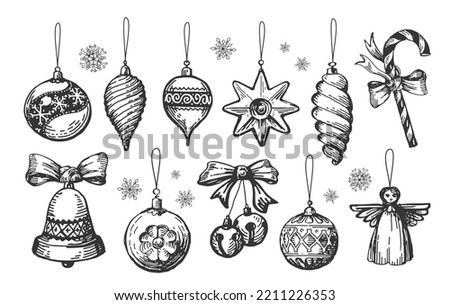 Retro Christmas decorations and balls collection. Vintage holiday elements set. Hand drawn sketch vector illustration