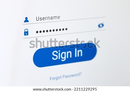 Verification window, username and password fields, password characters in the form of dots, text forgot password. Photo of a computer screen, selective focus. Royalty-Free Stock Photo #2211229295