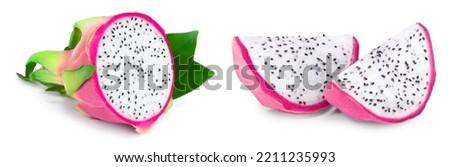 half of Ripe Dragon fruit, Pitaya or Pitahaya with leaves isolated on white background, fruit healthy concept