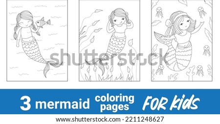 Cute mermaid vector outline for coloring page. Beautiful princess mermaid Coloring Page. Vector line illustration isolated on white background.