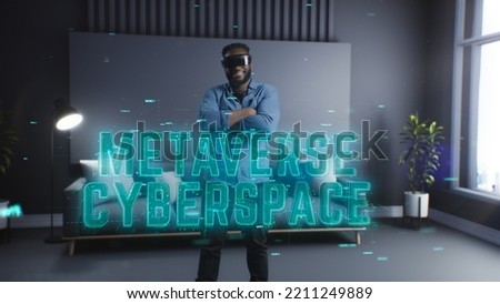 African American man likes the cyber universe that he sees through virtual reality glasses. Metaverse of entertainment and communications of the future