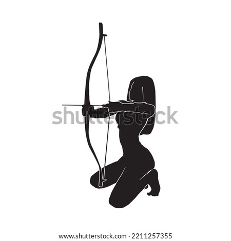 Vector Silhouette of a fantasy female warrior archer aiming at her target. equipped with a bow.