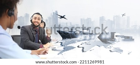 Successful business of logistics with logistic network distribution on background and Logistics Industrial Container Cargo freight ship or instant shipping by Call center worker accompanied by team Royalty-Free Stock Photo #2211269981
