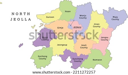 North Jeolla Province administrative map with cities and counties. Clored. Vectored. Yellow, green, blue, pink, violet, orange Royalty-Free Stock Photo #2211272257