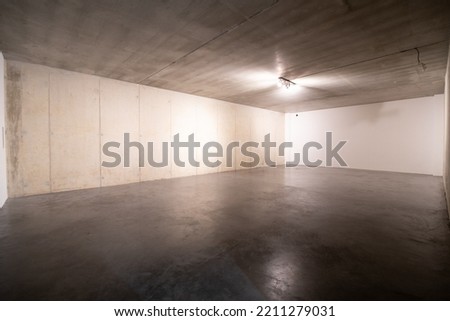 large empty room with light, no windows or doors, light concrete walls, dark glossy concrete floor and grey concrete ceiling 
 Royalty-Free Stock Photo #2211279031