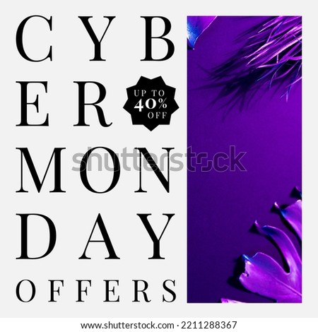 Composition of cyber monday offers text over leaves on purple background. Cyber monday, shopping and sale concept digitally generated image.