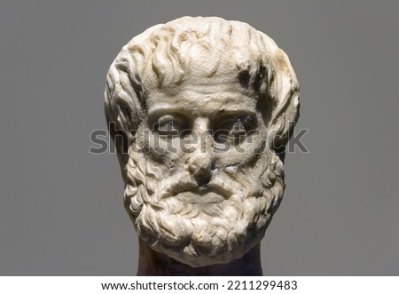 Head of Aristotle close-up, marble statue of Greek philosopher Aristotle isolated on gray. Portrait of famous Ancient thinker Aristotle or Aristoteles. Theme of sculpture, art, philosophy and culture.