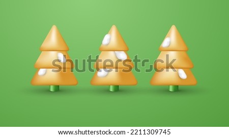 3d golden christmas tree with snow isolated on green background