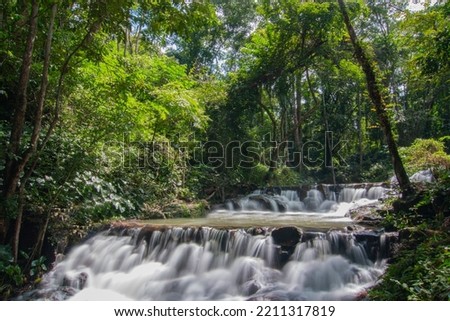 Summer waterfall in the forest, Summer background.