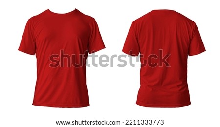 Blank red clean t-shirt mockup, isolated, front view. Empty tshirt model mock up. Clear fabric cloth for football or style outfit template. clipping path Royalty-Free Stock Photo #2211333773
