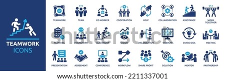 Teamwork icon set. Business team working together symbol. Co-worker, cooperation and collaboration icons. Solid icons vector collection. Royalty-Free Stock Photo #2211337001