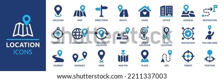 Location icon set. Containing map, map pin, gps, destination, directions, distance, place, navigation and address icons. Solid icons vector collection. Royalty-Free Stock Photo #2211337003