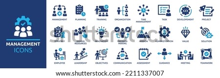 Business or organisation management icon set. Containing manager, teamwork, strategy, marketing, business, planning, training, employee icons. Solid icons vector collection. Royalty-Free Stock Photo #2211337007