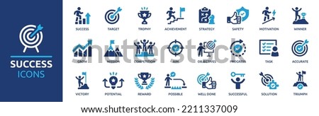 Success icon set. Successful business development, plan and process symbol. Solid icons vector collection. Royalty-Free Stock Photo #2211337009