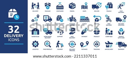 Delivery service icon set. Containing order tracking, delivery home, warehouse, truck, scooter, courier and cargo icons. Shipping symbol. Solid icons vector collection. Royalty-Free Stock Photo #2211337011