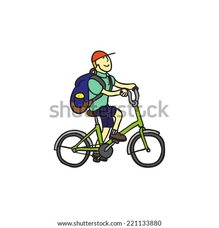 Schoolboy on the bicycle. Doodle. Vector. Isolated.