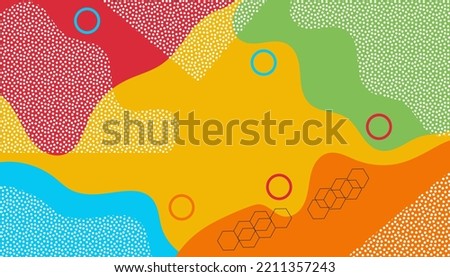 Pop art color background. Memphis pattern of geometric shapes for tissue and postcards. Vector Art Illustration. Abstract colorful funky background with polka dots large white.