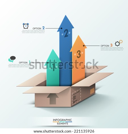 Modern infographic options banner with open box and arrows for 3 options.  Vector. Can be used for web design and  workflow layout